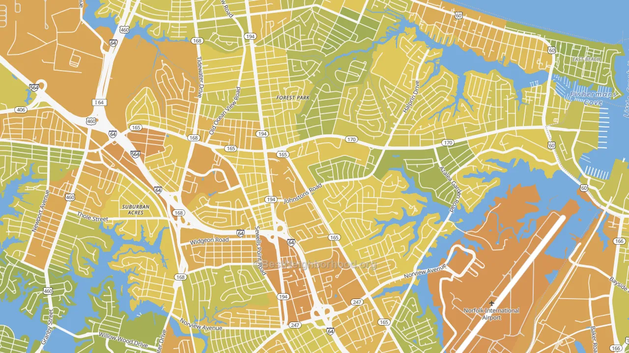 Map of the best neighborhoods in the Larrymore Lawns, Norfolk area, with better matches in green and worse matches in red