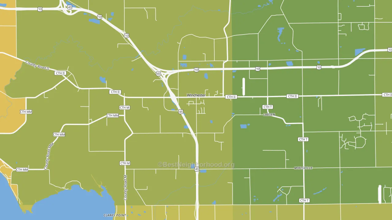 Map of the best neighborhoods in the Larsen area, with better matches in green and worse matches in red