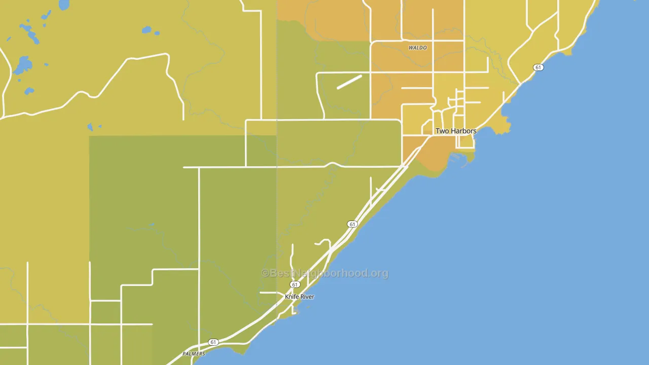 Map of the best neighborhoods in the Larsmont area, with better matches in green and worse matches in red