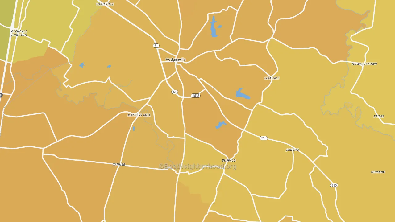 Map of the best neighborhoods in the Larue County area, with better matches in green and worse matches in red