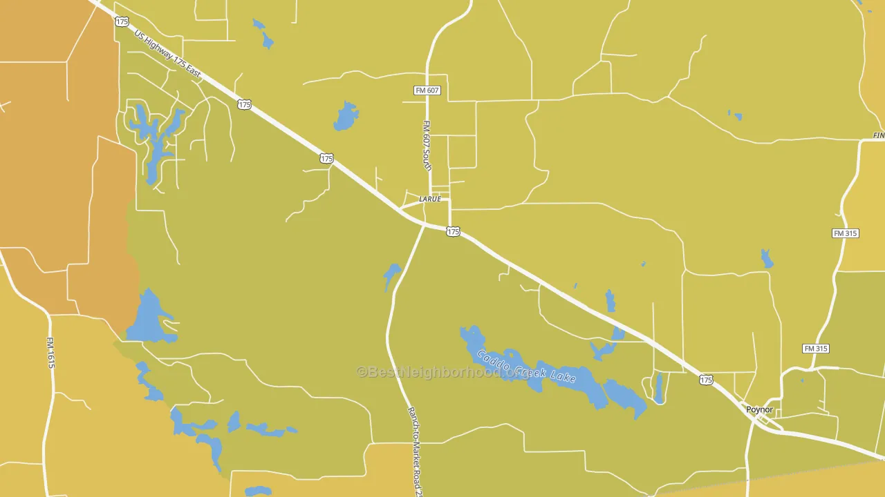 Map of the best neighborhoods in the Larue area, with better matches in green and worse matches in red