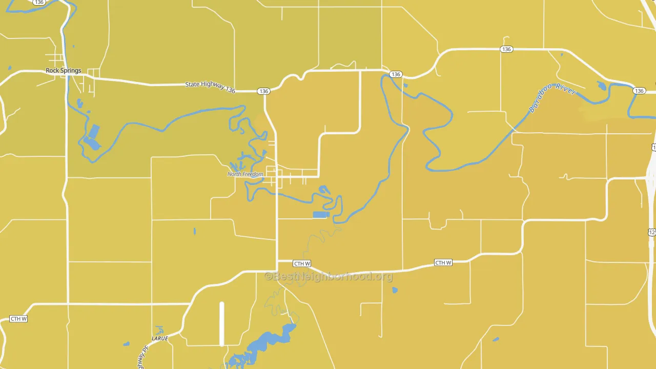 Map of the best neighborhoods in the LaRue area, with better matches in green and worse matches in red