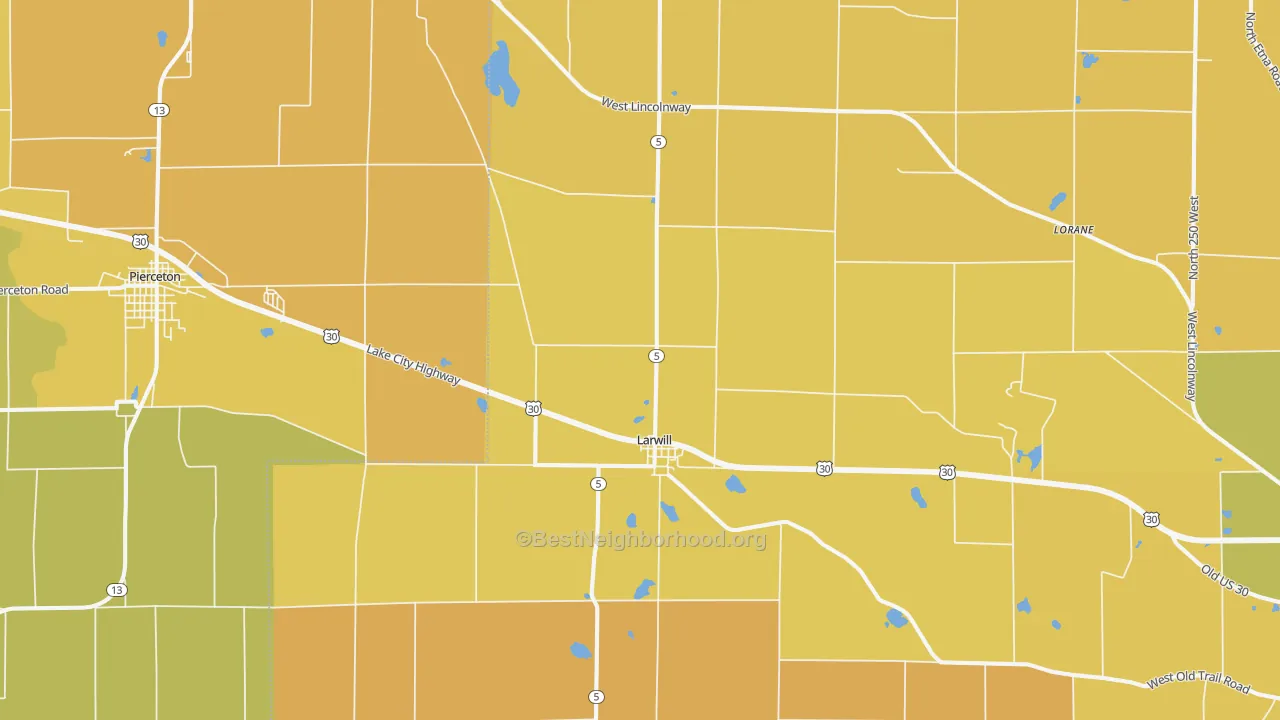 Map of the best neighborhoods in the Larwill area, with better matches in green and worse matches in red