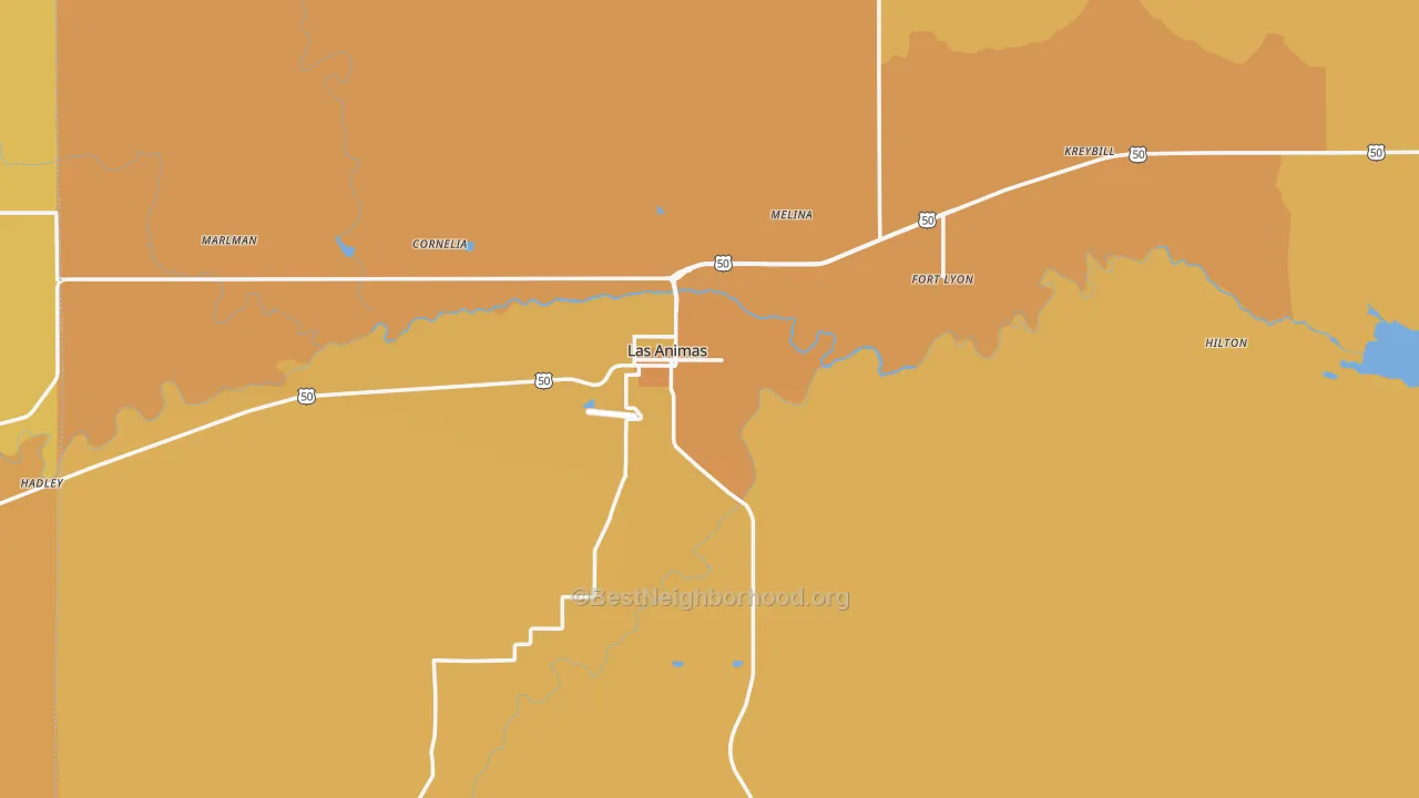 Map of the best neighborhoods in the Las Animas area, with better matches in green and worse matches in red