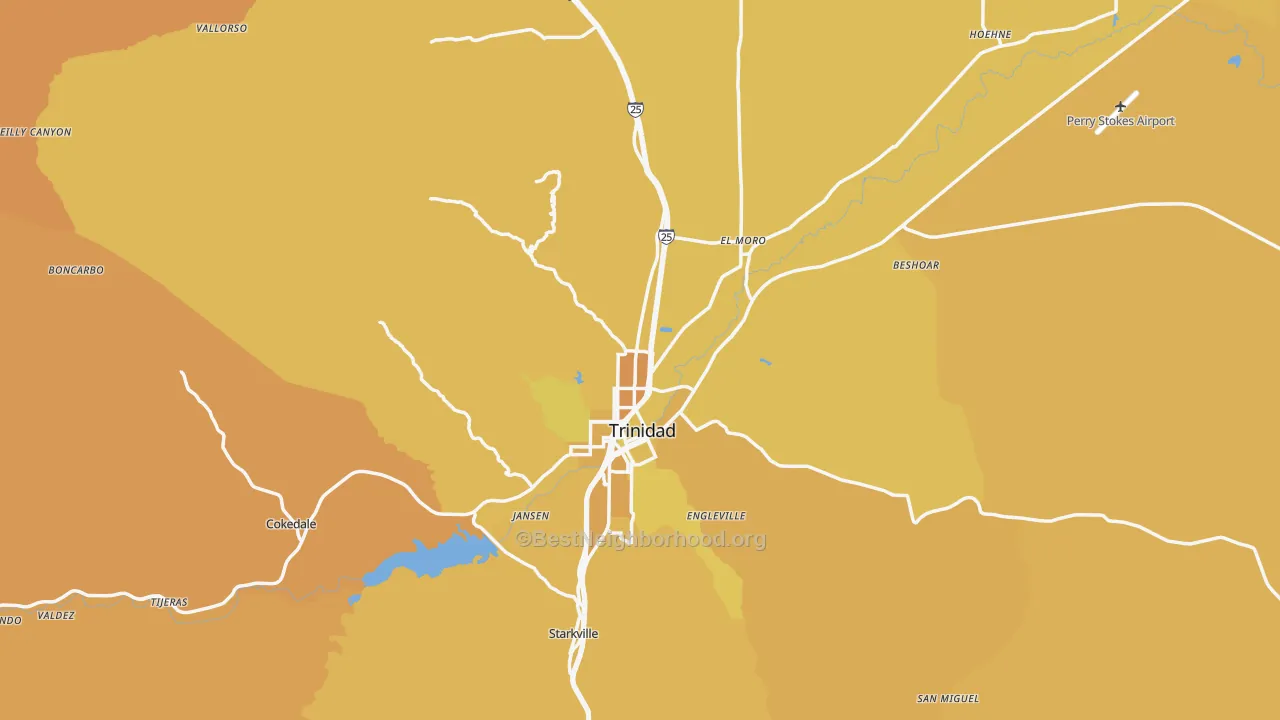 Map of the best neighborhoods in the Las Animas County area, with better matches in green and worse matches in red