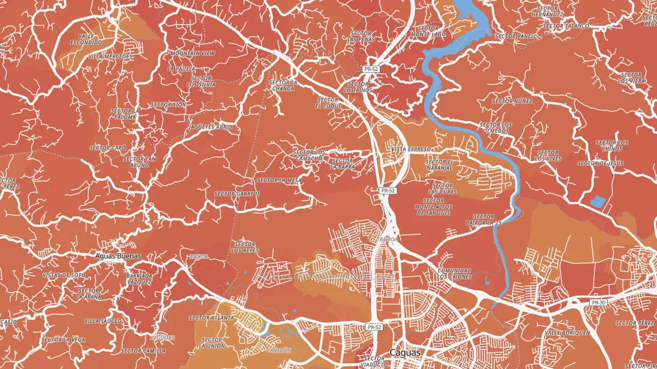 Map of the best neighborhoods in the Las Carolinas area, with better matches in green and worse matches in red