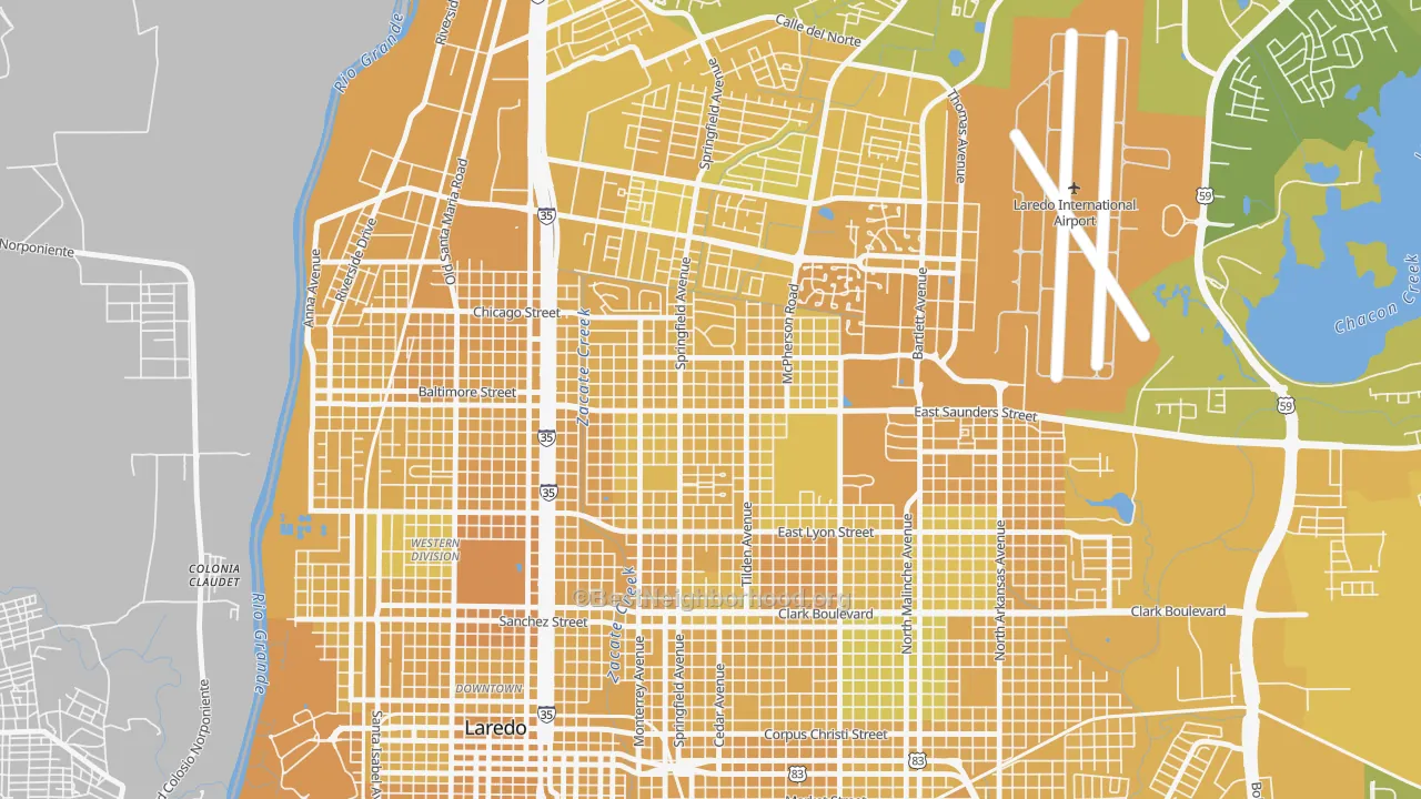 Map of the best neighborhoods in the Las Cruces, Laredo area, with better matches in green and worse matches in red