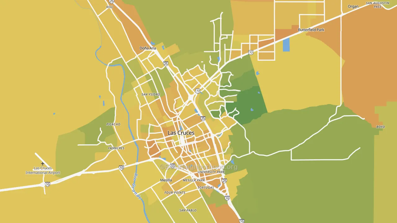 Map of the best neighborhoods in the Las Cruces Metro area, with better matches in green and worse matches in red