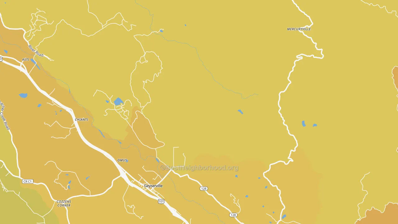 Map of the best neighborhoods in the Las Lomas area, with better matches in green and worse matches in red