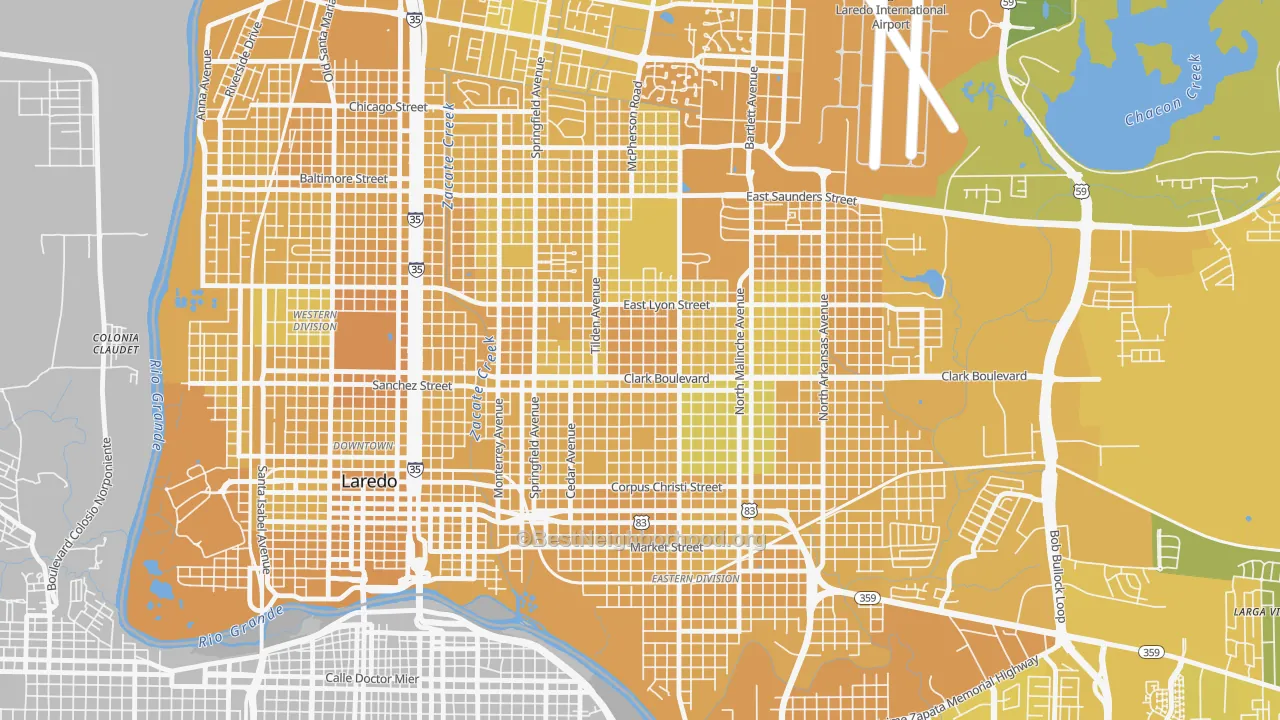 Map of the best neighborhoods in the Las Lomas, Laredo area, with better matches in green and worse matches in red