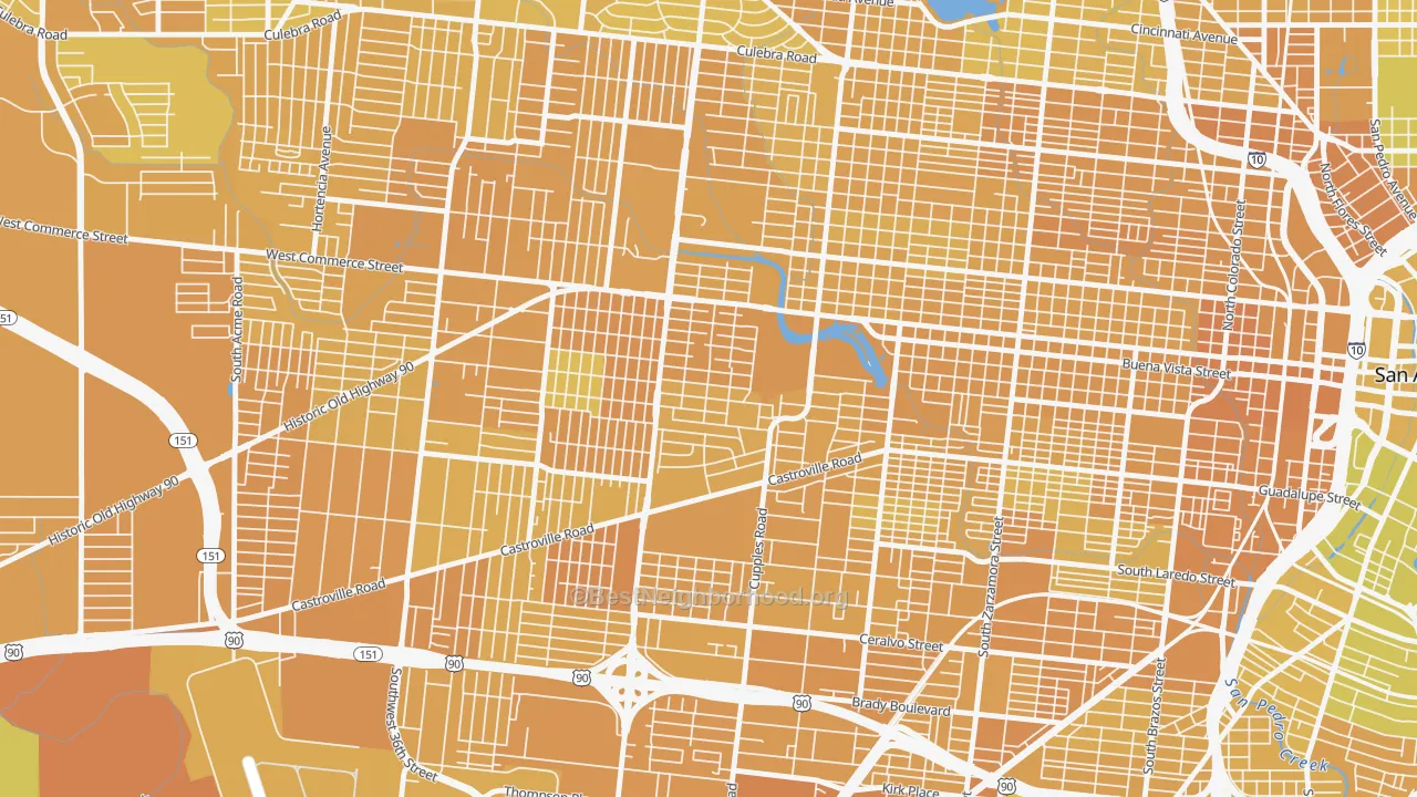 Map of the best neighborhoods in the Las Palmas, San Antonio area, with better matches in green and worse matches in red