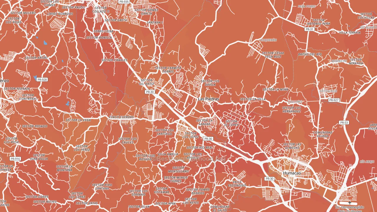 Map of the best neighborhoods in the Las Piedras Municipio area, with better matches in green and worse matches in red