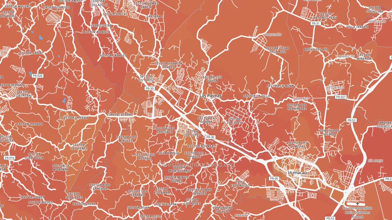 Map of the best neighborhoods in the Las Piedras area, with better matches in green and worse matches in red