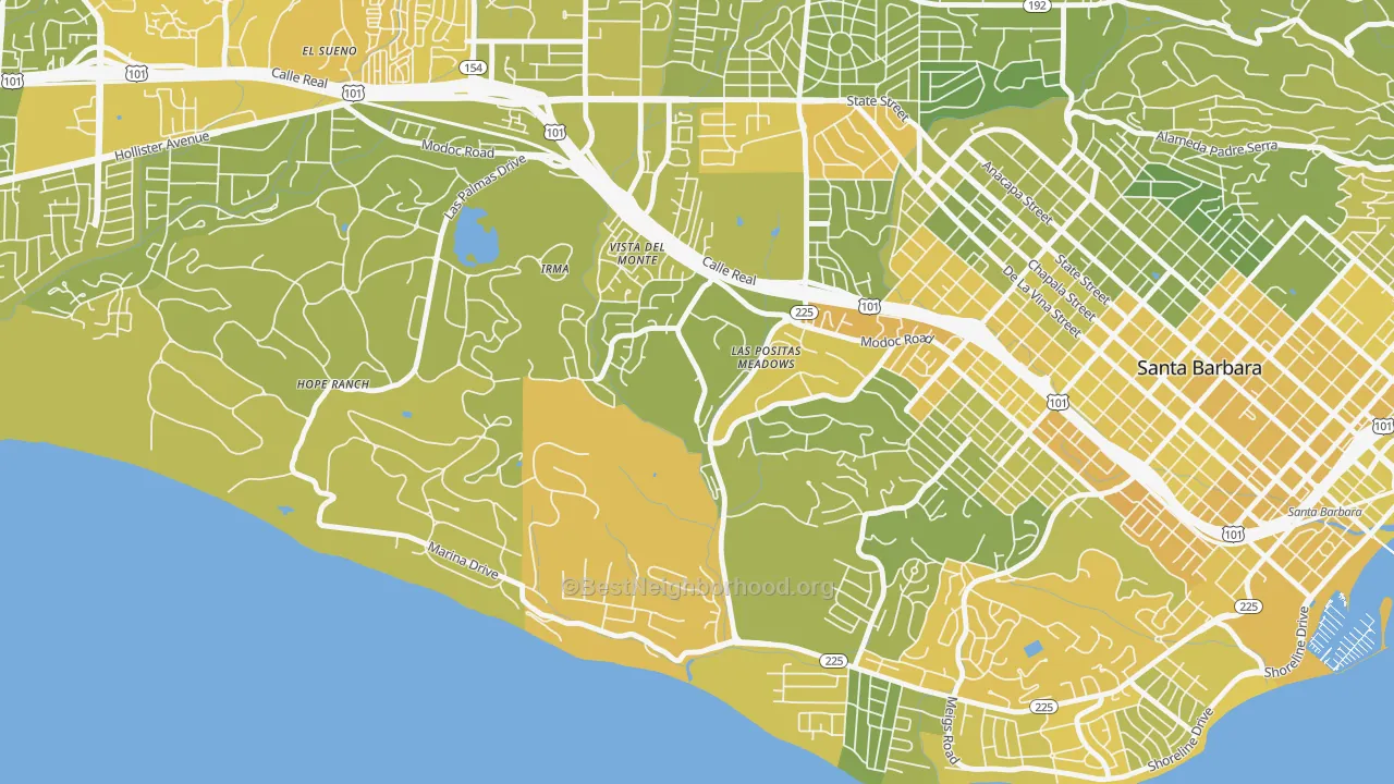 Map of the best neighborhoods in the Las Positas, Santa Barbara area, with better matches in green and worse matches in red