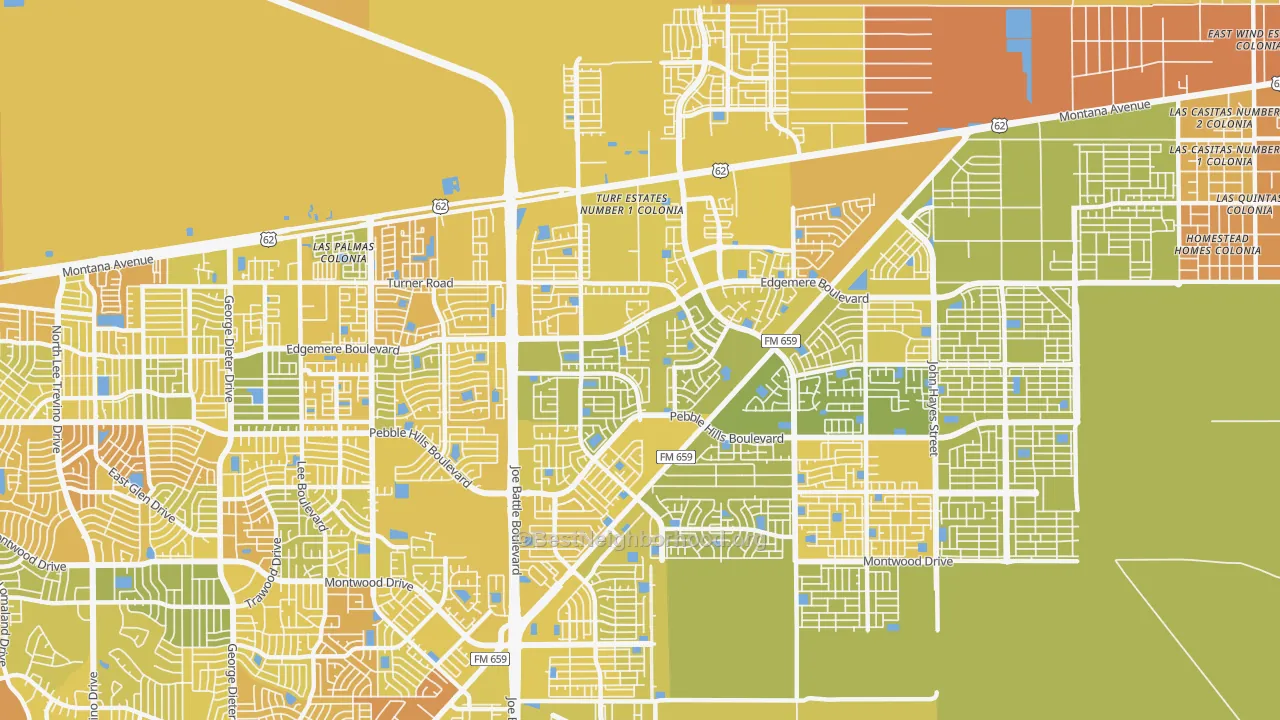 Map of the best neighborhoods in the Las Tierras, El Paso area, with better matches in green and worse matches in red