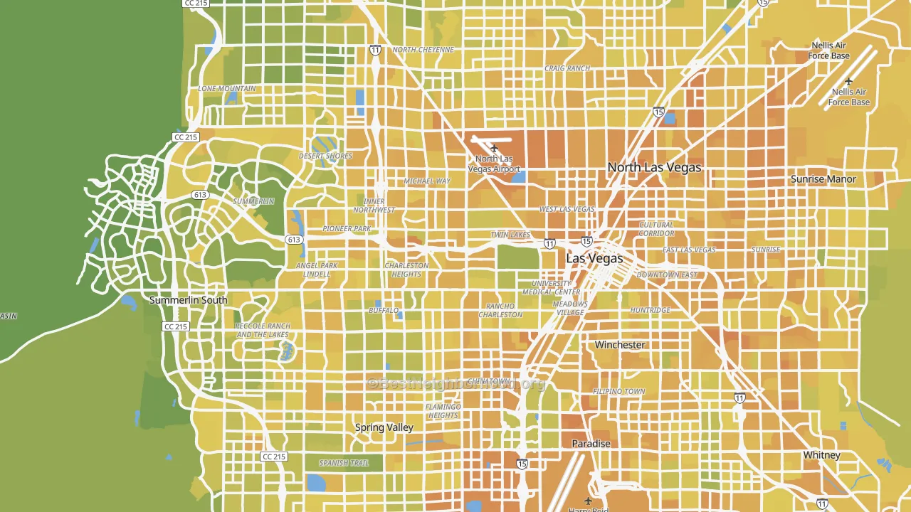 Map of the best neighborhoods in the Las Vegas Metro area, with better matches in green and worse matches in red