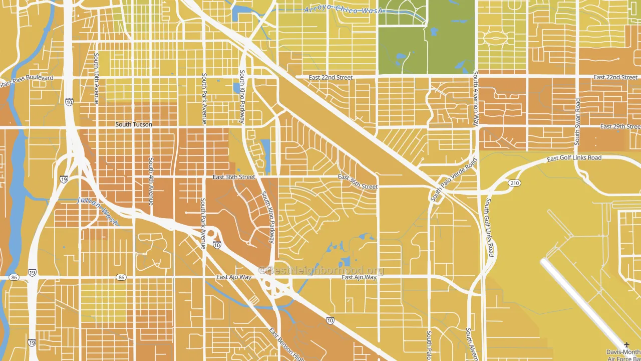 Map of the best neighborhoods in the Las Vistas, Tucson area, with better matches in green and worse matches in red