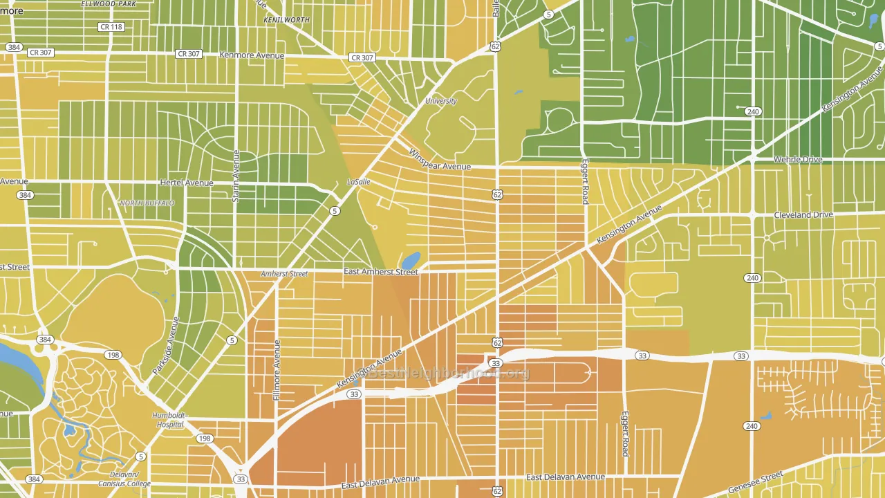 Map of the best neighborhoods in the Lasalle, Buffalo area, with better matches in green and worse matches in red