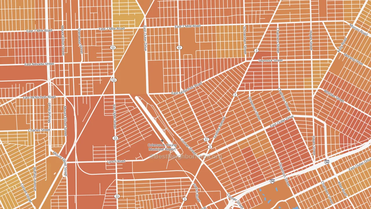 Map of the best neighborhoods in the Lasalle College Park, Detroit area, with better matches in green and worse matches in red