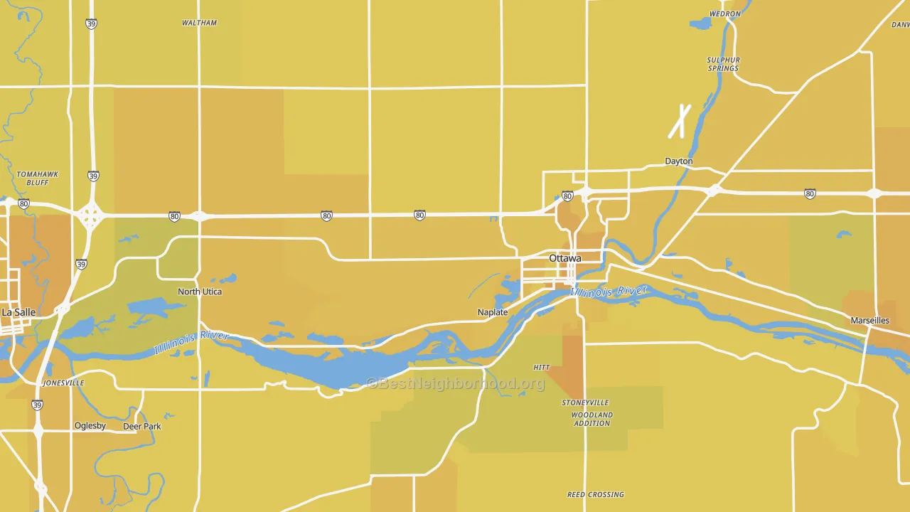 Map of the best neighborhoods in the LaSalle County area, with better matches in green and worse matches in red