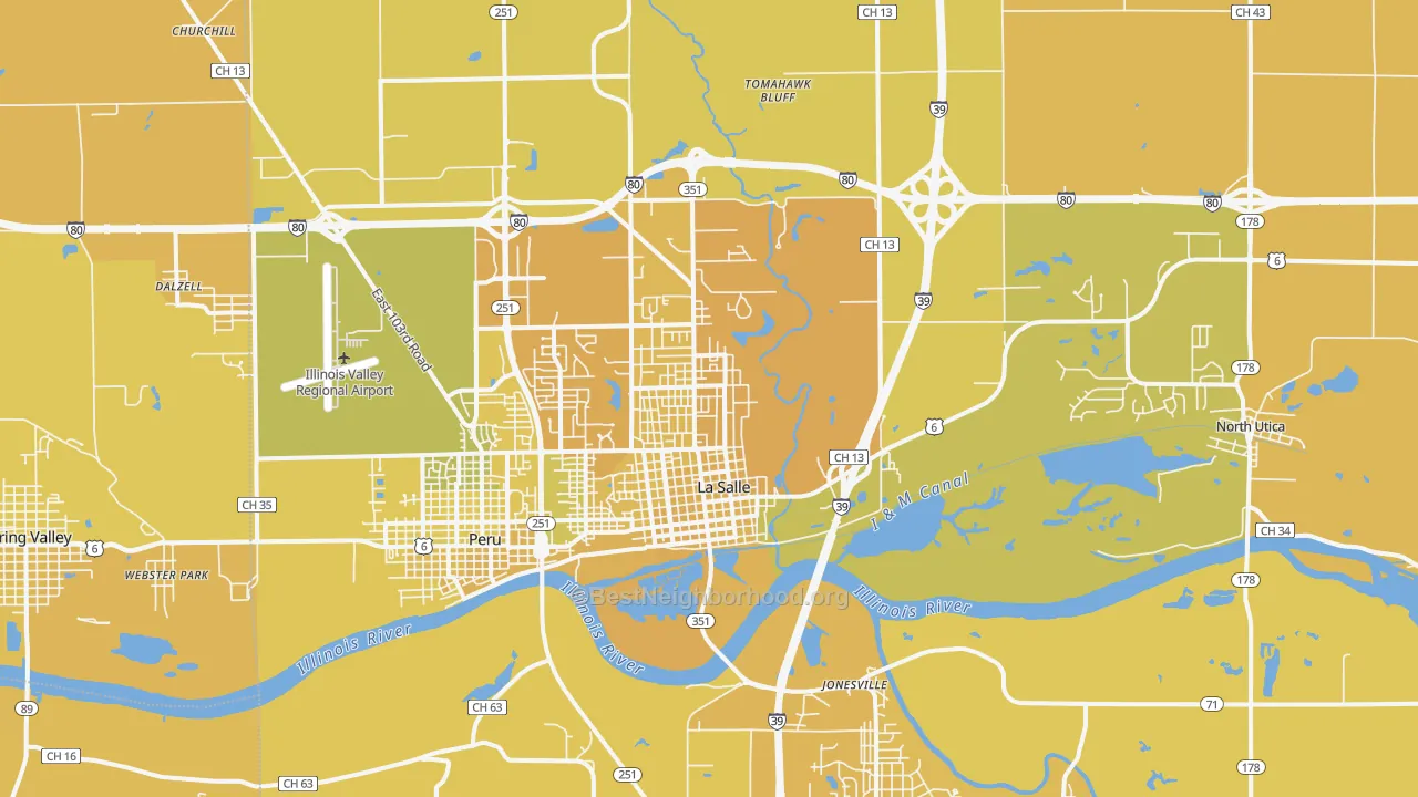 Map of the best neighborhoods in the Lasalle area, with better matches in green and worse matches in red