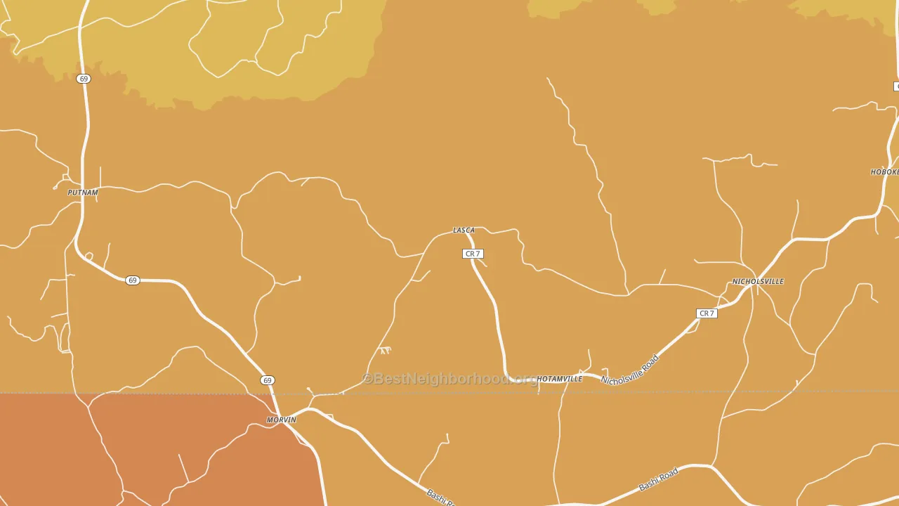 Map of the best neighborhoods in the Lasca area, with better matches in green and worse matches in red