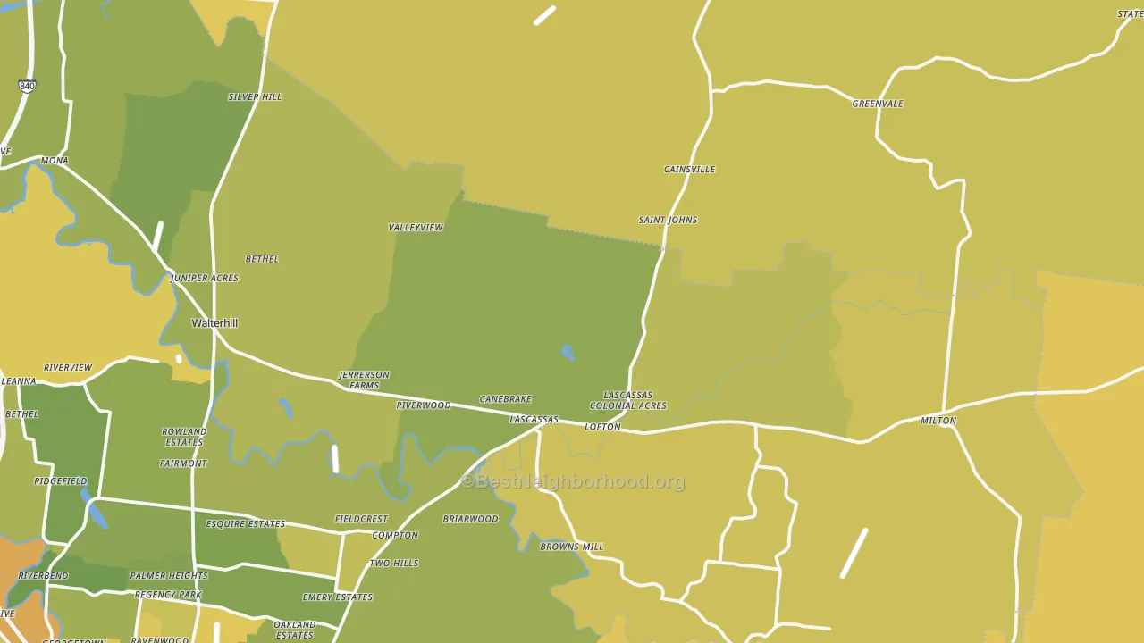 Map of the best neighborhoods in the Lascassas area, with better matches in green and worse matches in red