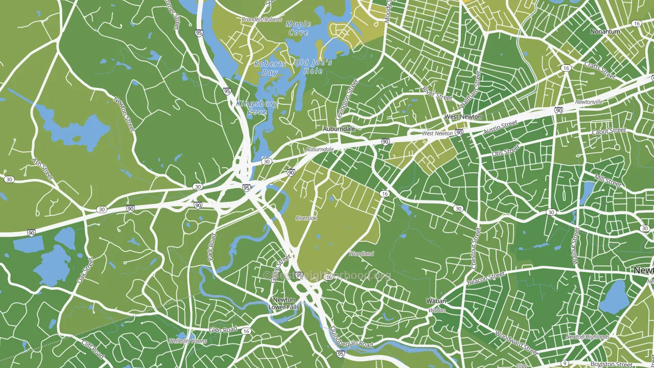 Map of the best neighborhoods in the Lasell Village, Auburndale area, with better matches in green and worse matches in red