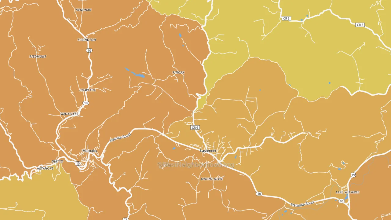 Map of the best neighborhoods in the Lashmeet area, with better matches in green and worse matches in red