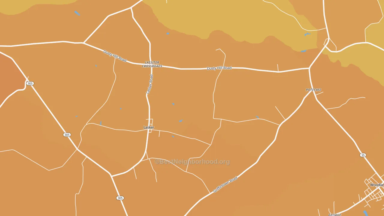 Map of the best neighborhoods in the Lasker area, with better matches in green and worse matches in red