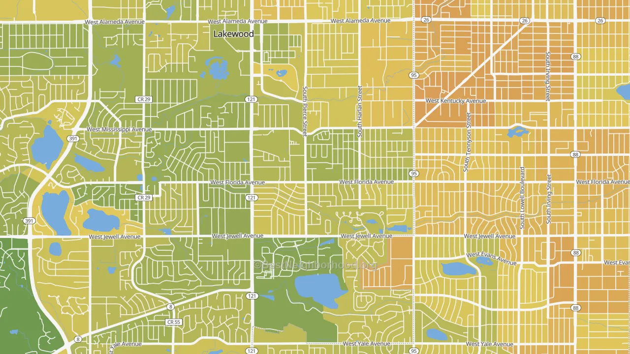 Map of the best neighborhoods in the Lasley, Lakewood area, with better matches in green and worse matches in red