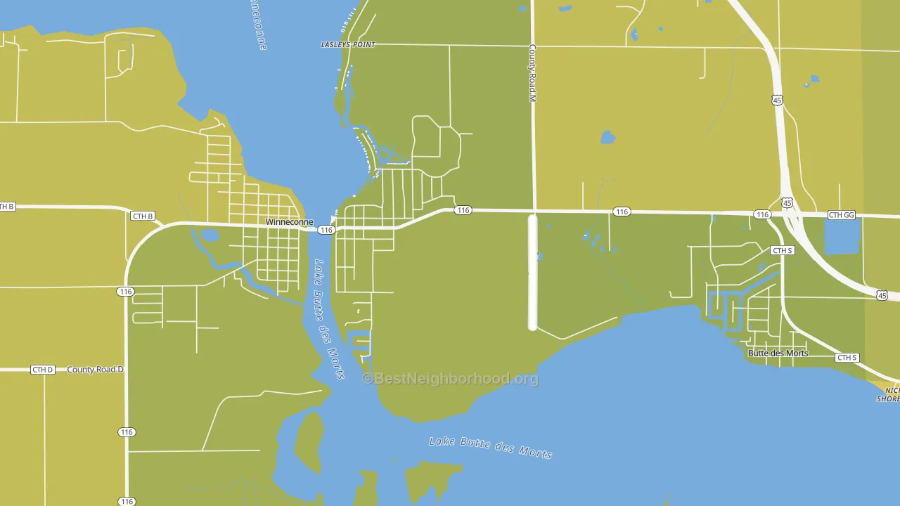 Map of the best neighborhoods in the Lasleys Point area, with better matches in green and worse matches in red