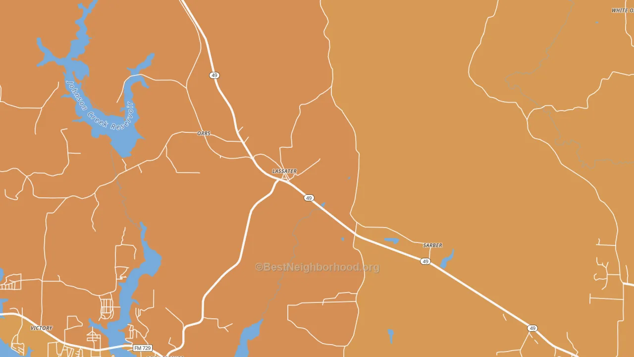Map of the best neighborhoods in the Lassater area, with better matches in green and worse matches in red