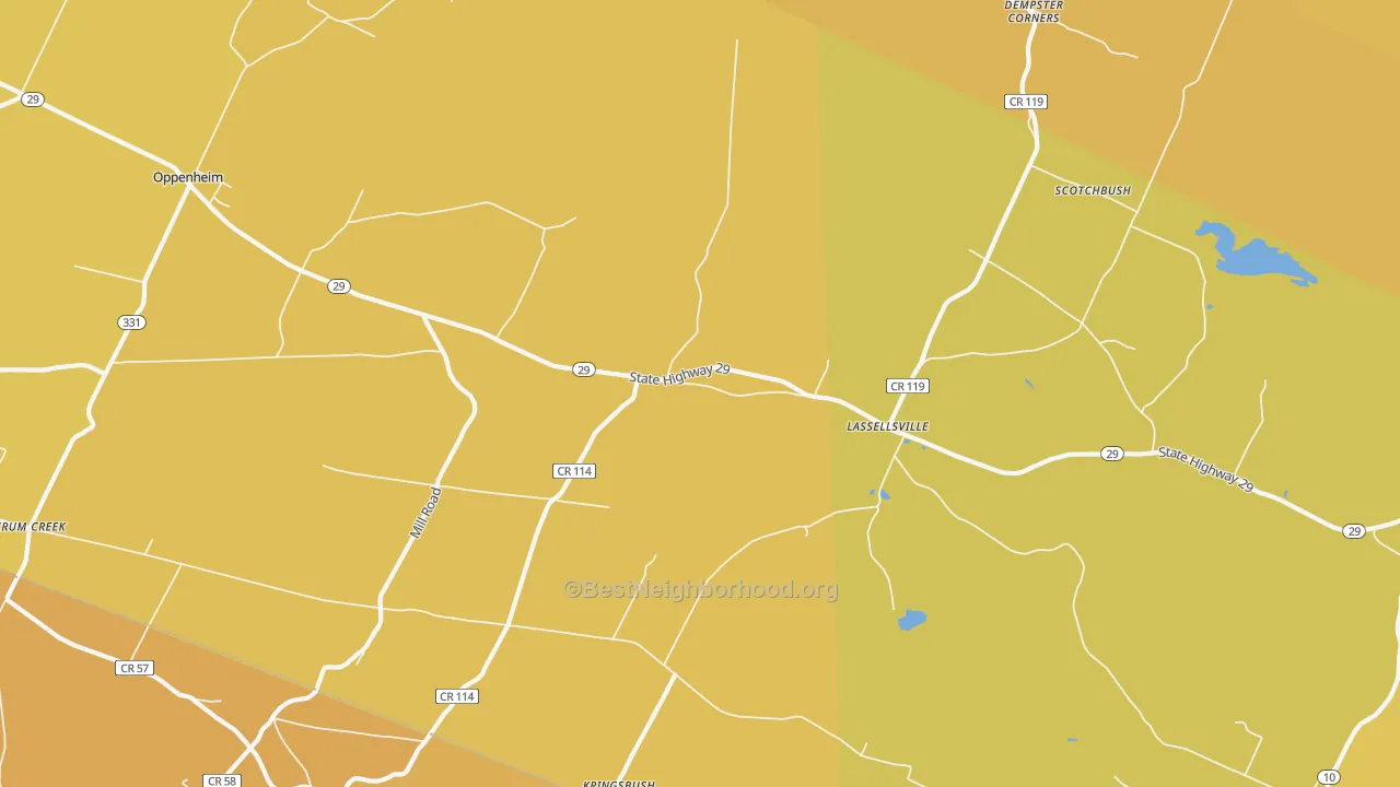 Map of the best neighborhoods in the Lassellsville area, with better matches in green and worse matches in red
