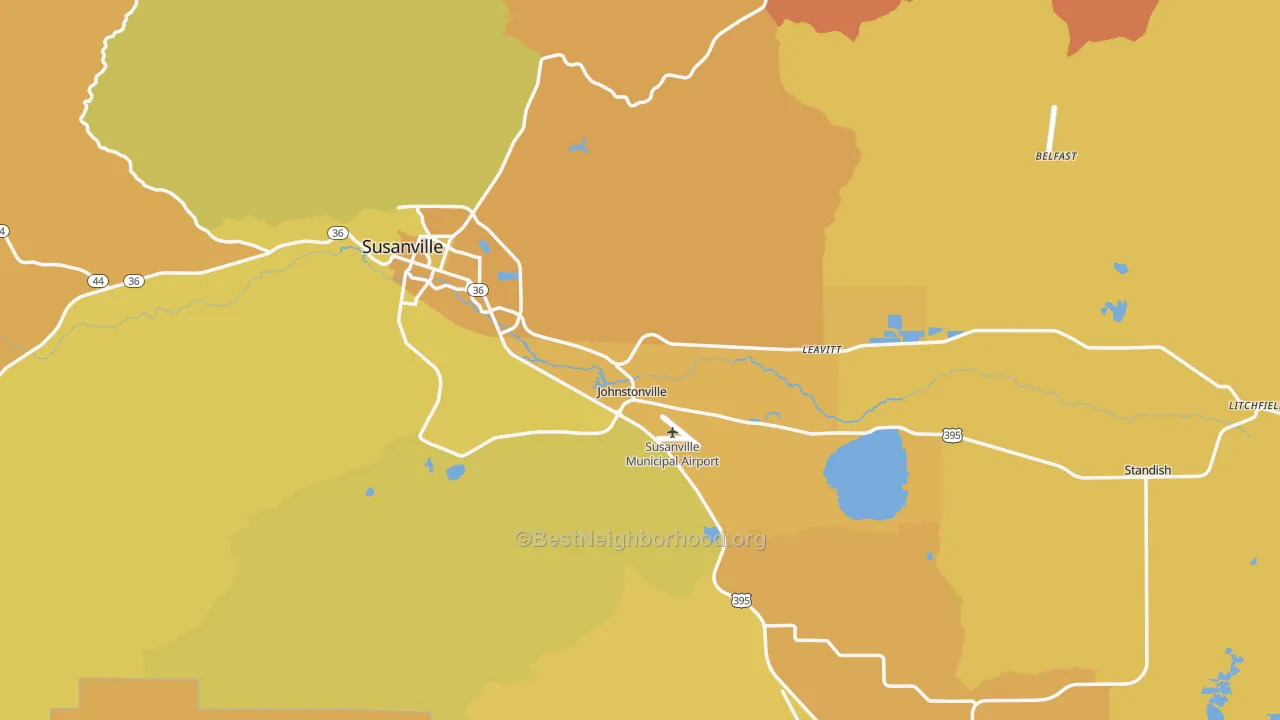 Map of the best neighborhoods in the Lassen County area, with better matches in green and worse matches in red