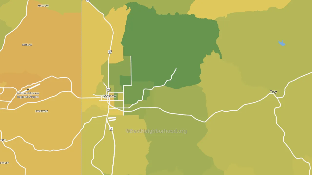 Map of the best neighborhoods in the Latah County area, with better matches in green and worse matches in red