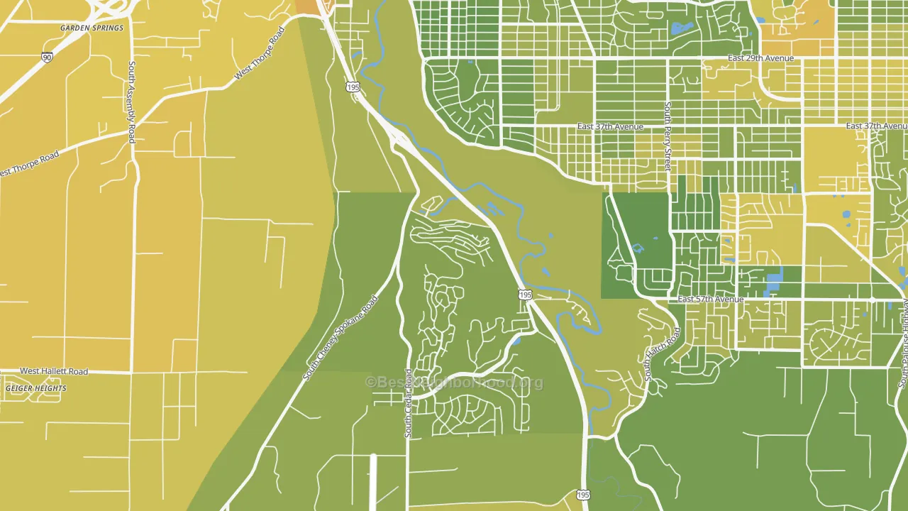 Map of the best neighborhoods in the Latah Valley, Spokane area, with better matches in green and worse matches in red