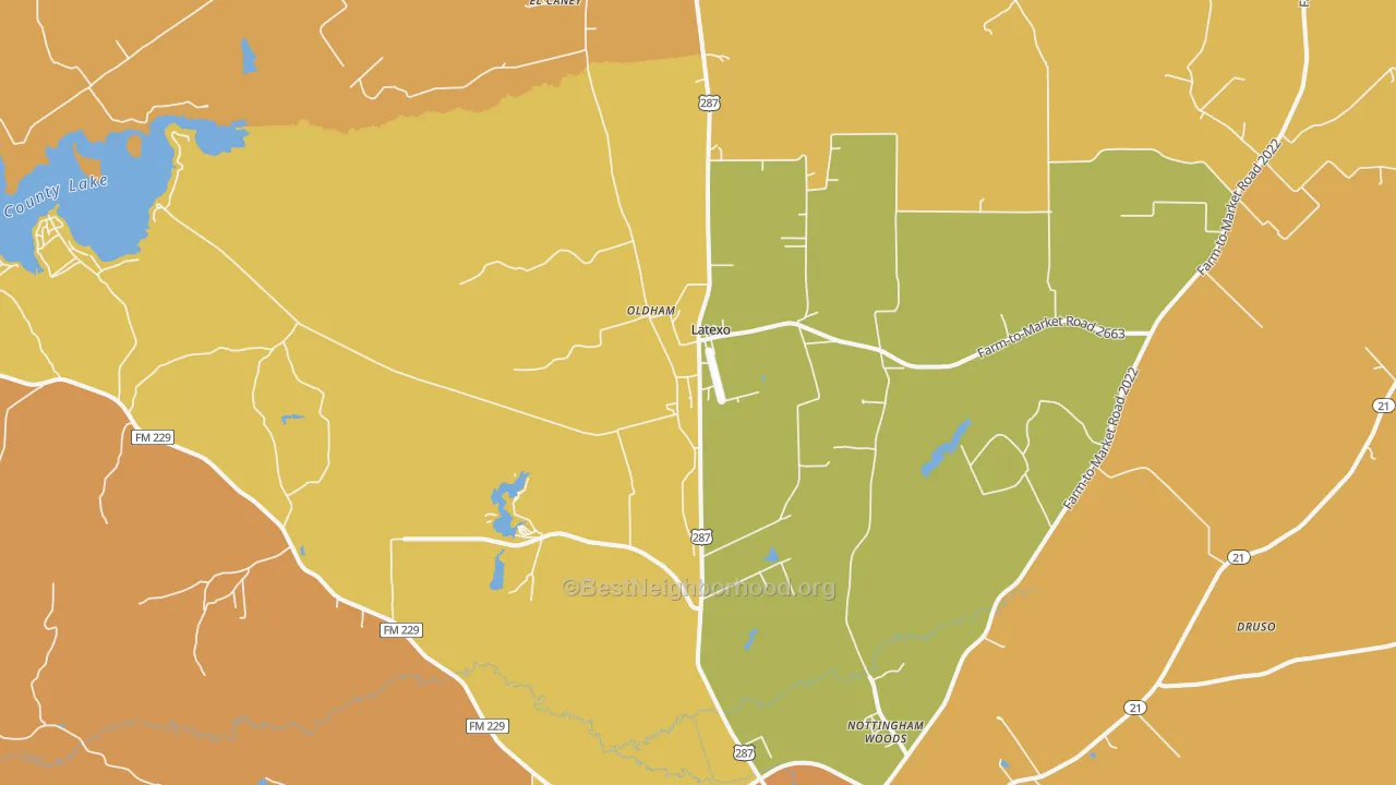 Map of the best neighborhoods in the Latexo area, with better matches in green and worse matches in red