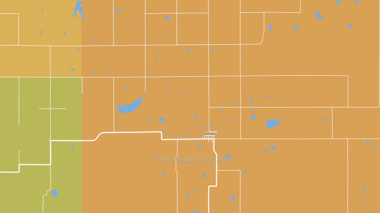 Map of the best neighborhoods in the Latham area, with better matches in green and worse matches in red