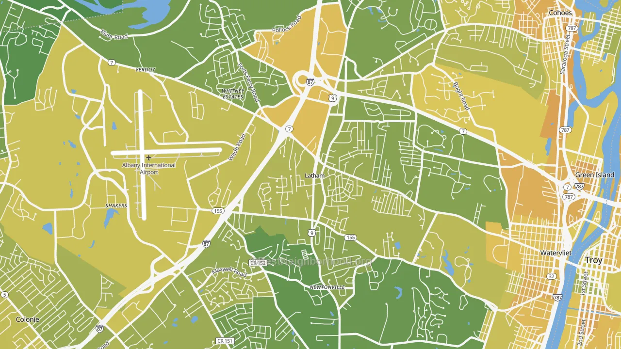 Map of the best neighborhoods in the Latham area, with better matches in green and worse matches in red