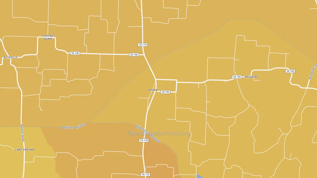 Map of the best neighborhoods in the Latham area, with better matches in green and worse matches in red