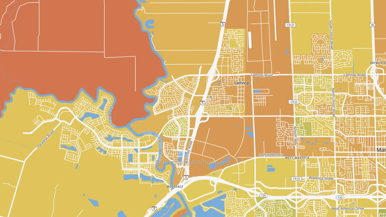 Map of the best neighborhoods in the Lathrop area, with better matches in green and worse matches in red
