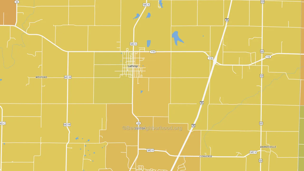 Map of the best neighborhoods in the Lathrop area, with better matches in green and worse matches in red