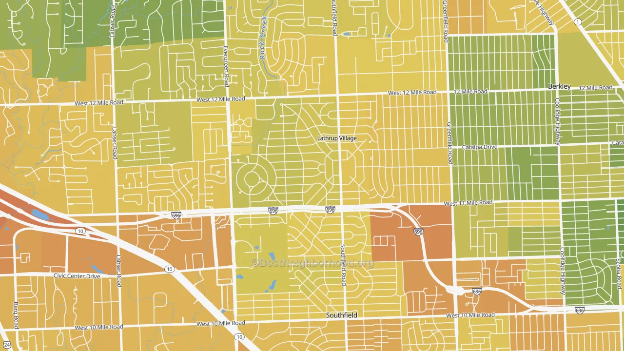 Map of the best neighborhoods in the Lathrup Village area, with better matches in green and worse matches in red