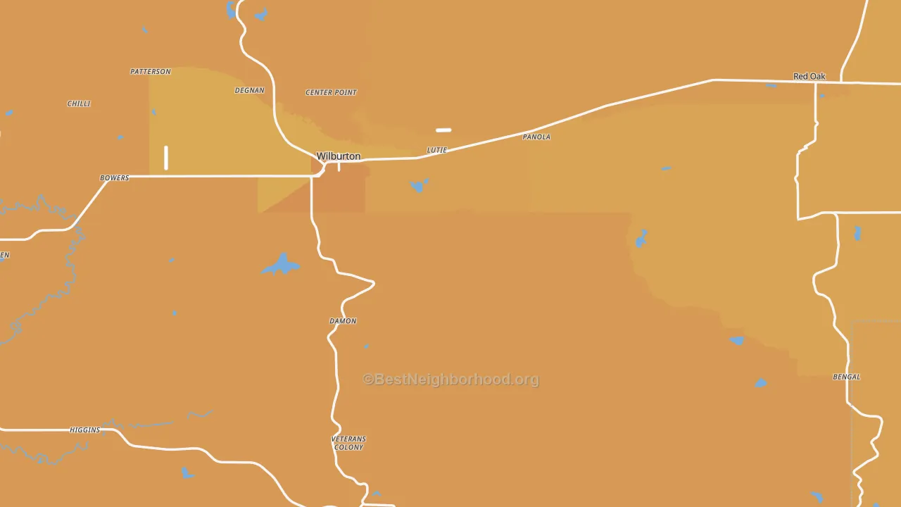 Map of the best neighborhoods in the Latimer County area, with better matches in green and worse matches in red