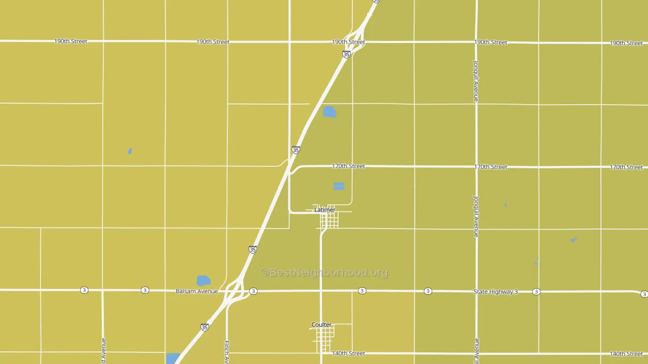 Map of the best neighborhoods in the Latimer area, with better matches in green and worse matches in red