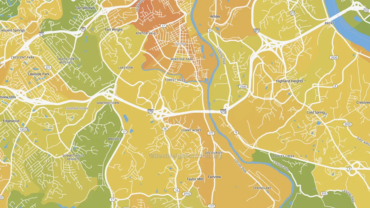 Map of the best neighborhoods in the Latonia area, with better matches in green and worse matches in red
