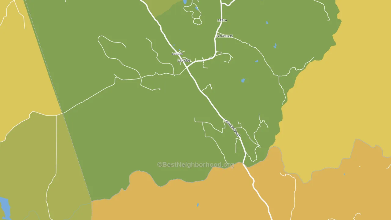 Map of the best neighborhoods in the Latrobe area, with better matches in green and worse matches in red