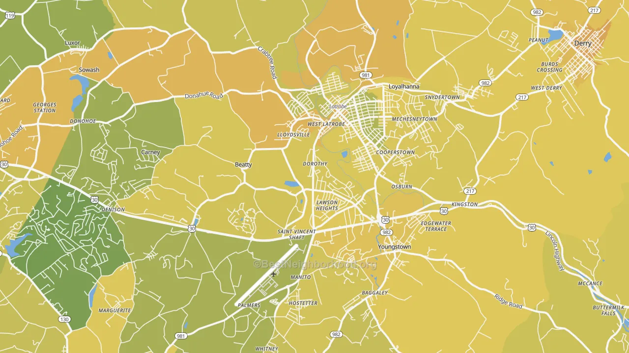 Map of the best neighborhoods in the Latrobe area, with better matches in green and worse matches in red
