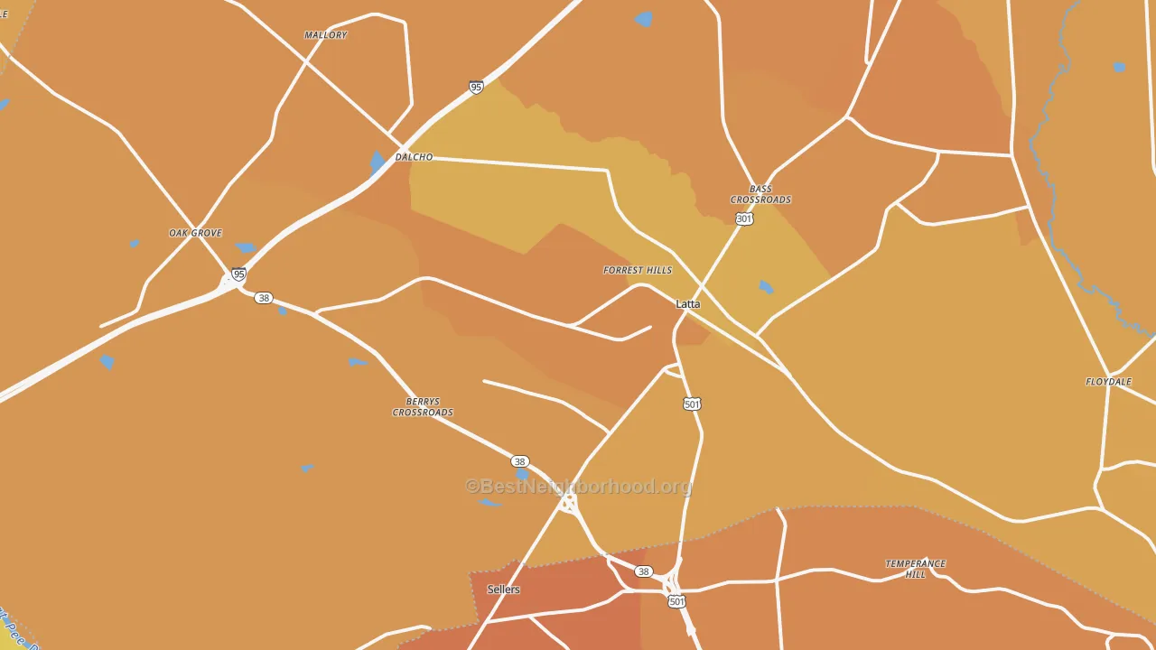 Map of the best neighborhoods in the Latta area, with better matches in green and worse matches in red